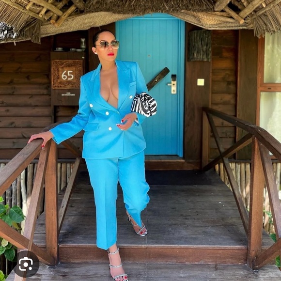 Zara teal blue suit // blazer & high waisted trousers - Picture 7 of 7